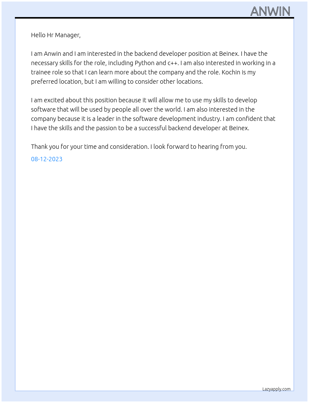 Backend developer At Beinex Cover Letter