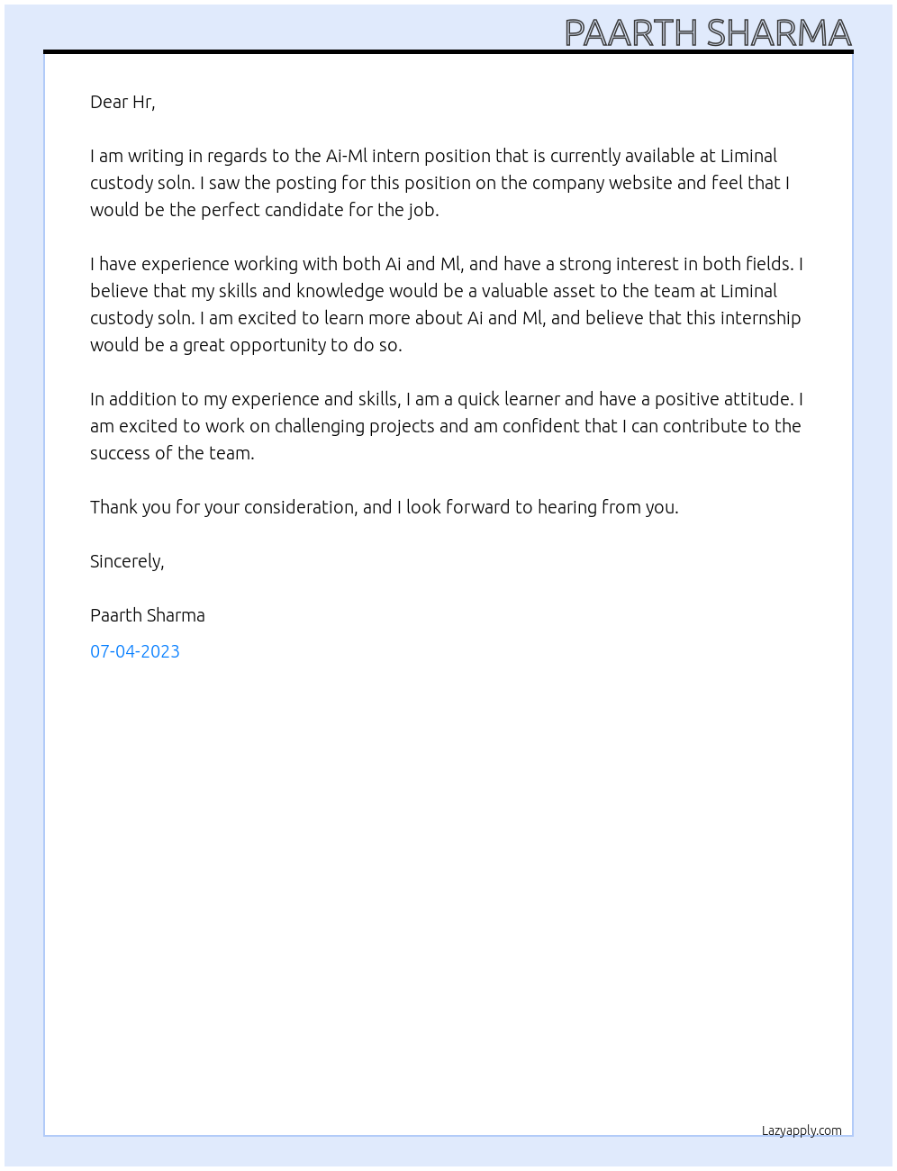 Ai - Ml intern At Liminal custody soln Cover Letter