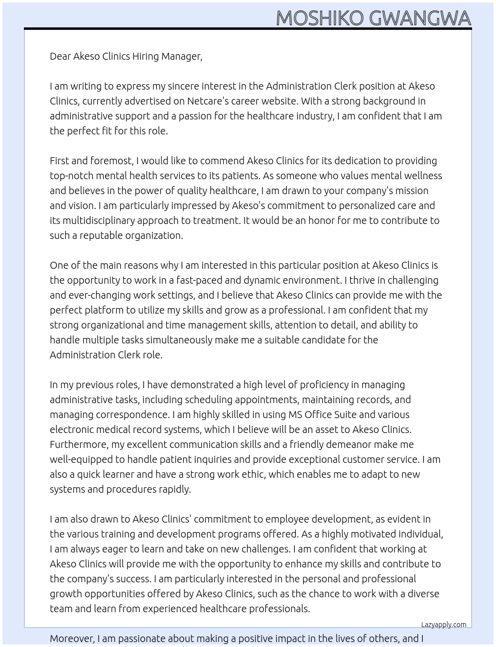 Administration Clerk At Netcare Cover Letter