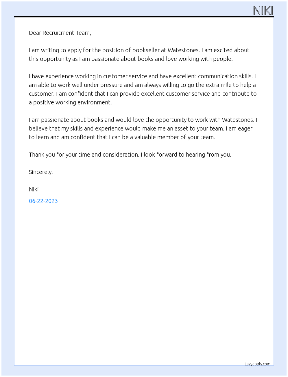 Bookseller  At Watestones Cover Letter