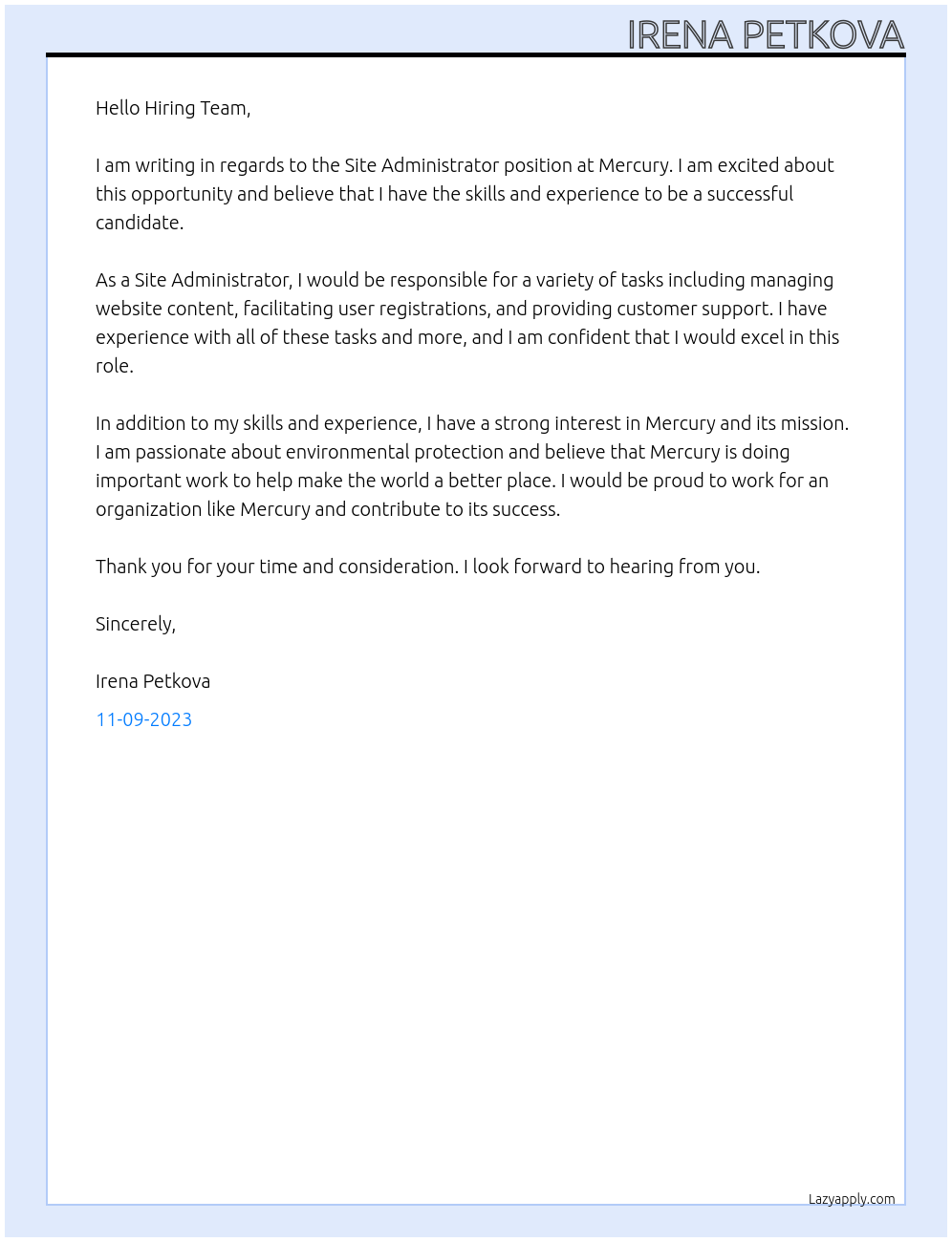 Site Administrator At Mercury Cover Letter