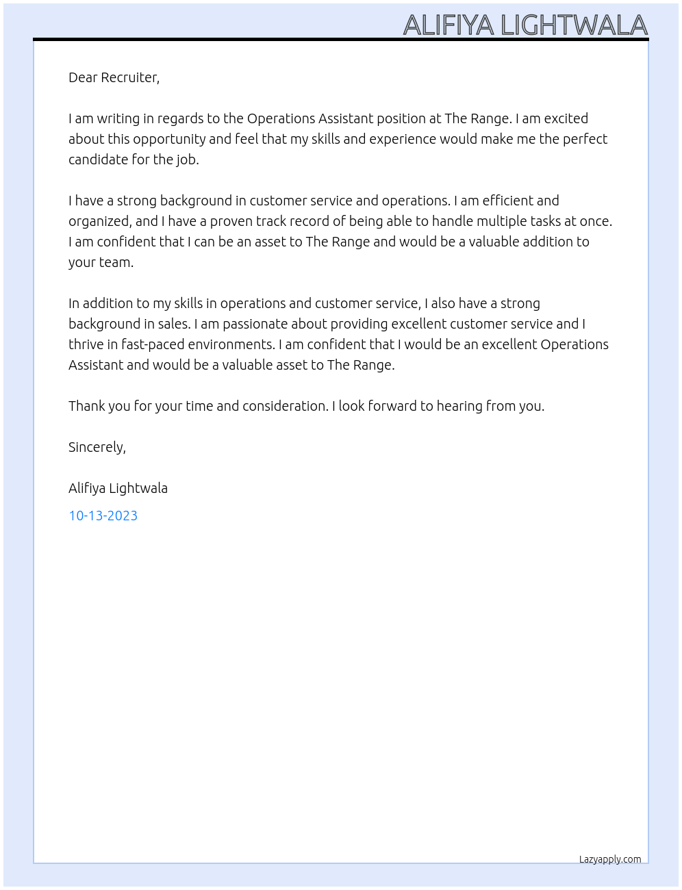 Operations Assistant At The Range Cover Letter