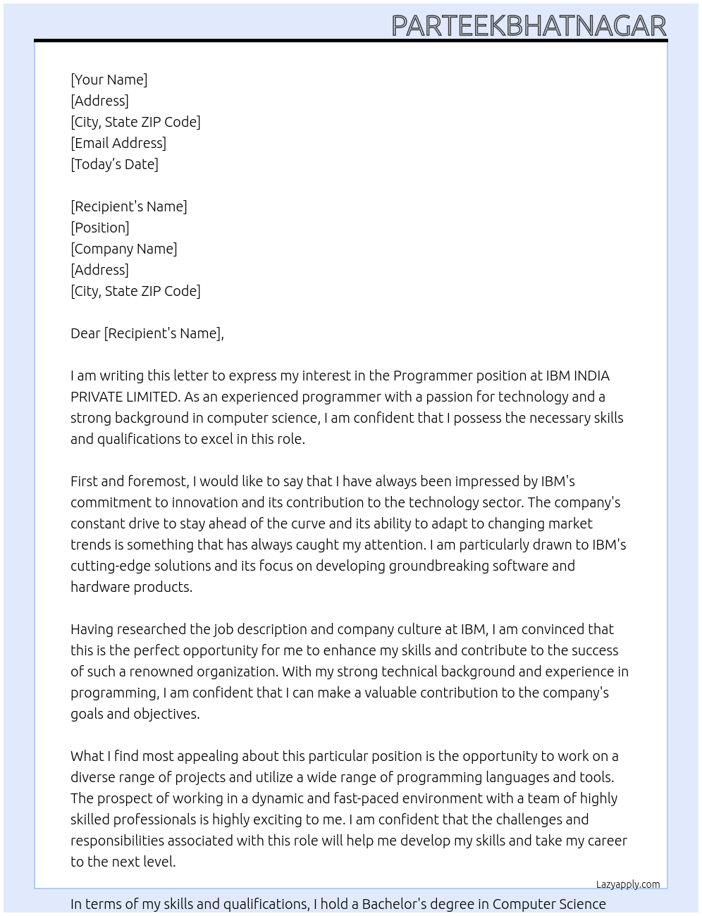 Programmer  At IBM INDIA PRIVATE LIMITED  Cover Letter