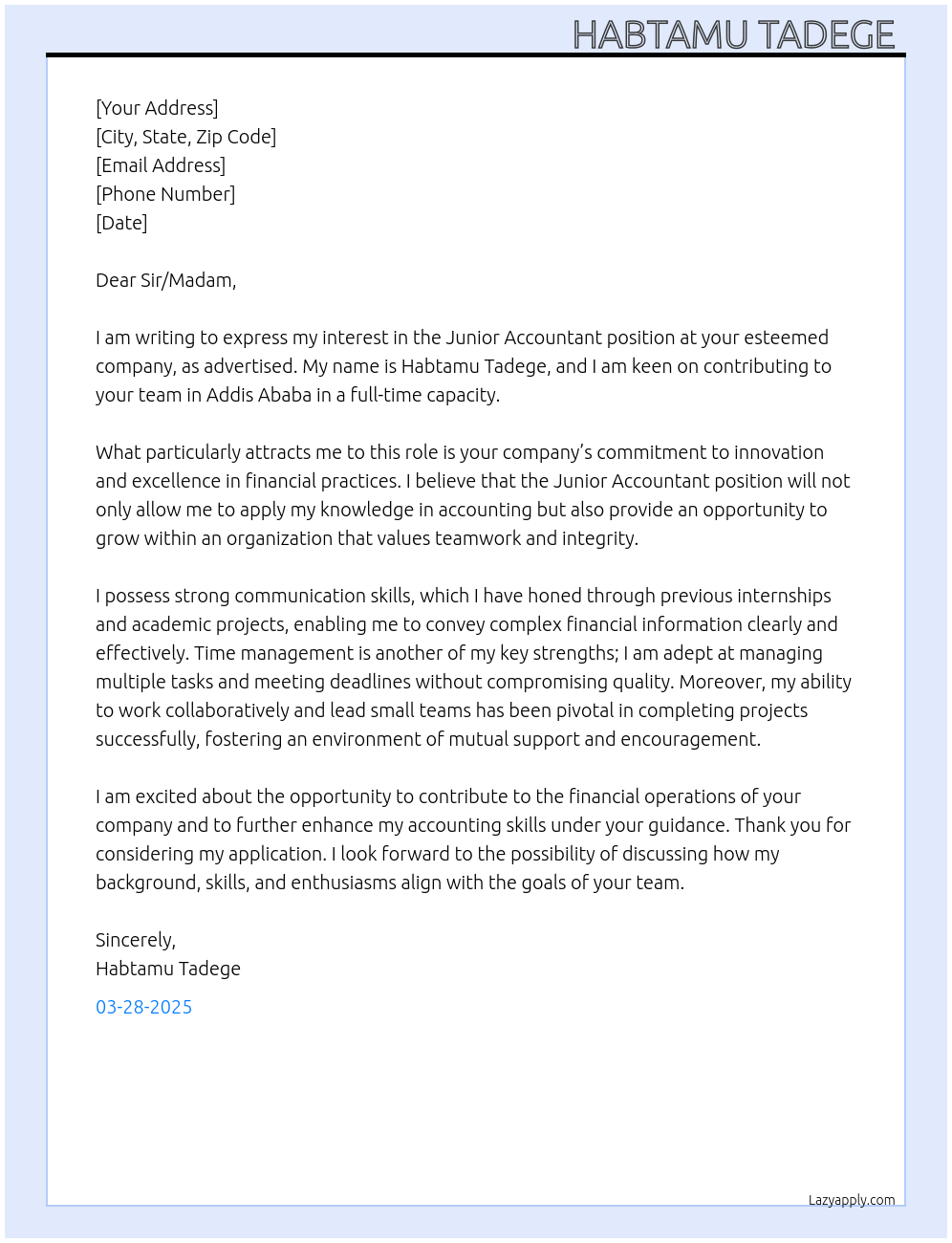 Junior Accountant At Company: Cover Letter