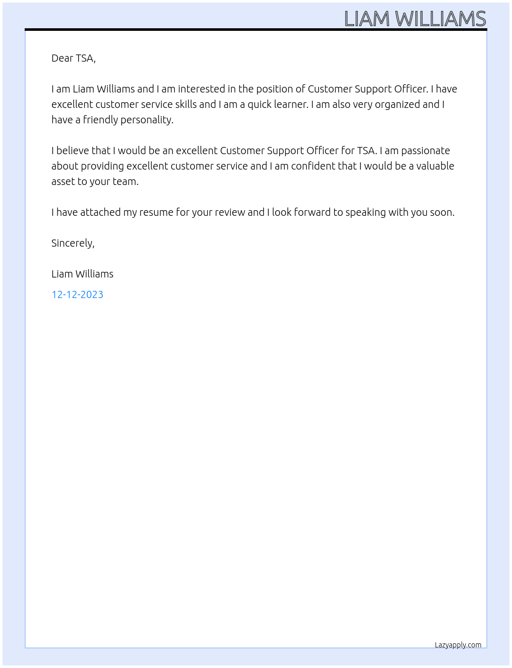 Customer Support Officer At TSA Cover Letter