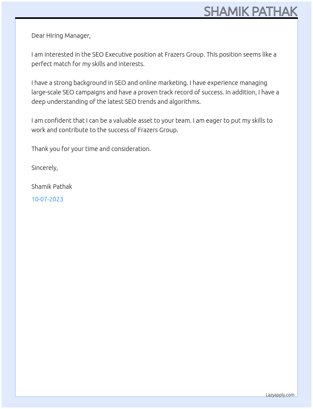 SEO Executive At Frazers Group Cover Letter