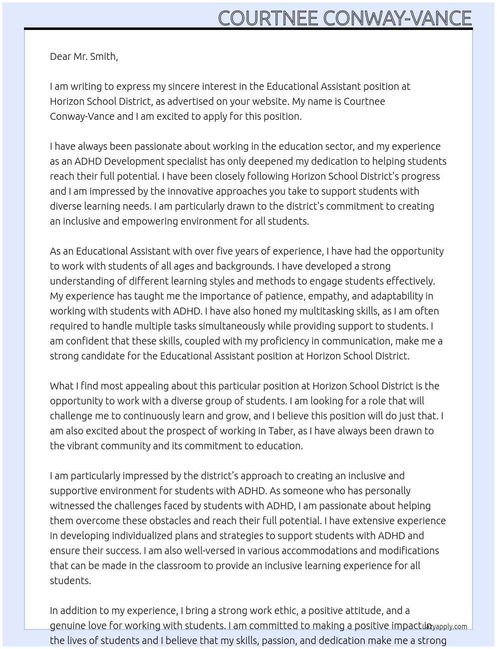 Educational Assistant At Horizon School District Cover Letter