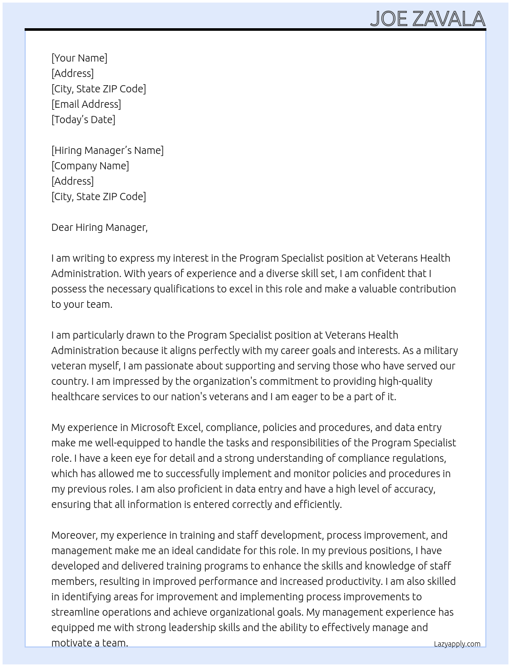 Program Specialist At Veterans Health Administration Cover Letter