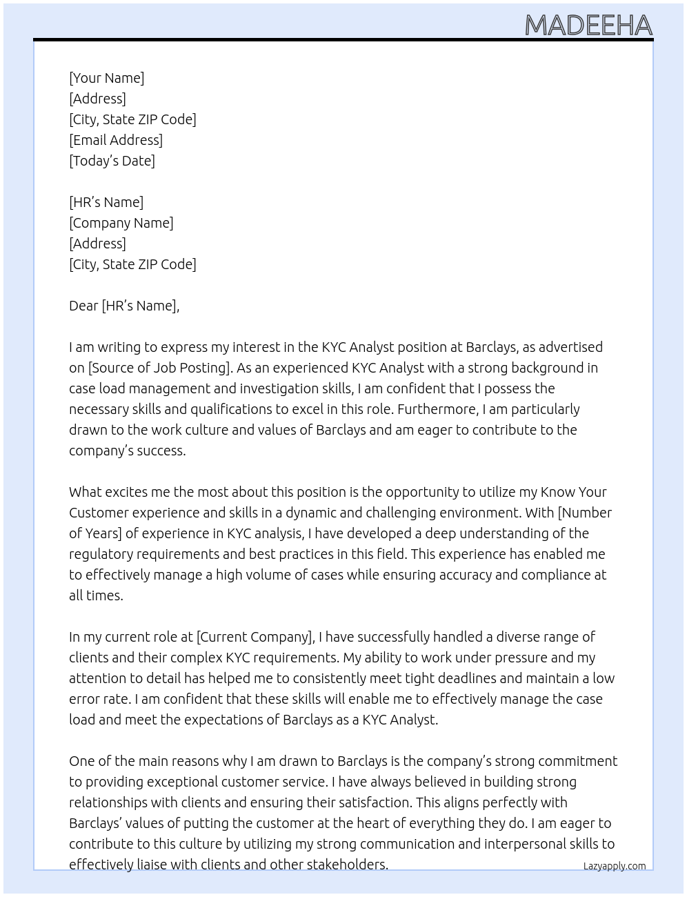 KYC Analyst At Barclays Cover Letter