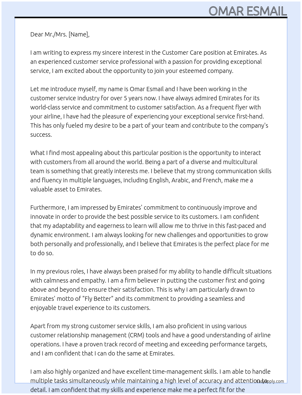 Customer care At Emirates Cover Letter