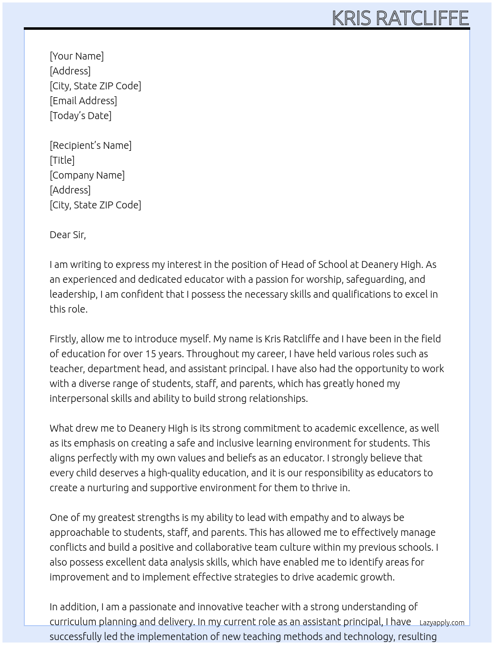 Head of School At Deanery High Cover Letter