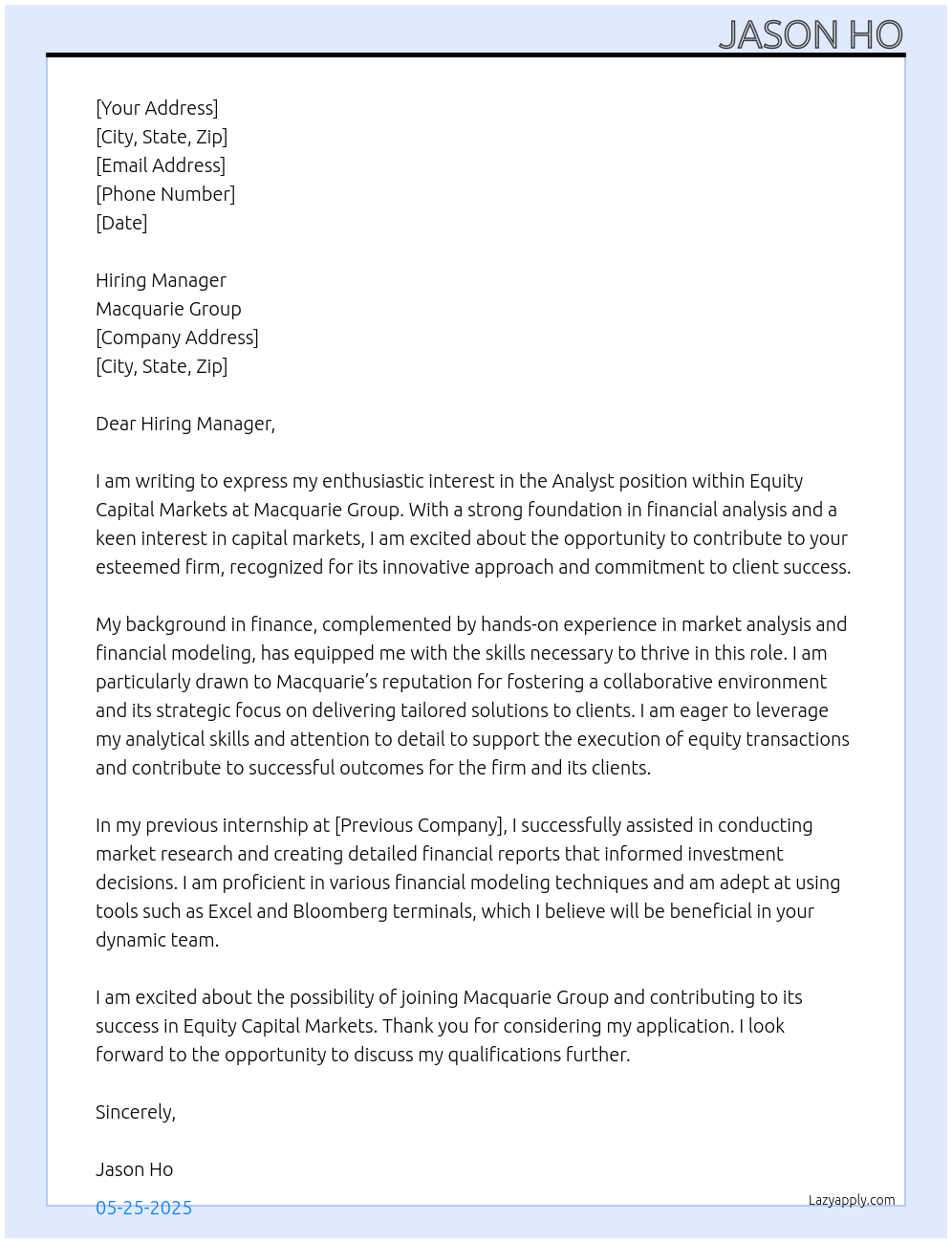 Analyst | Equity Capital Markets At Macquarie Group Cover Letter