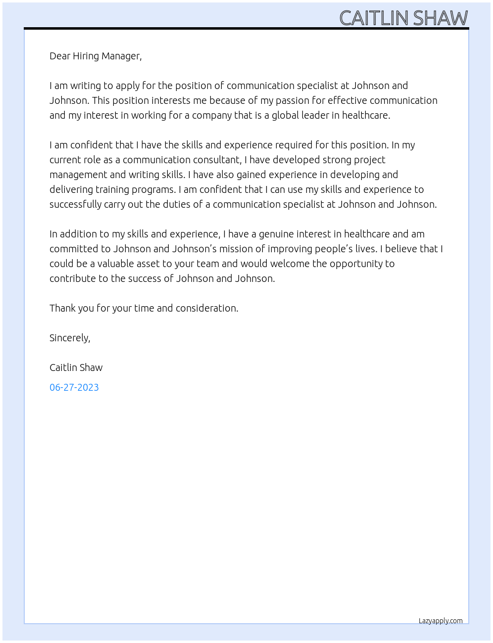 communication specialist At Johnson and Johnson Cover Letter