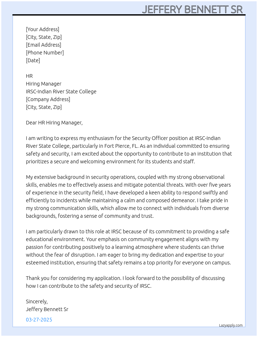 Security Officer  At IRSC-Indian River State College  Cover Letter