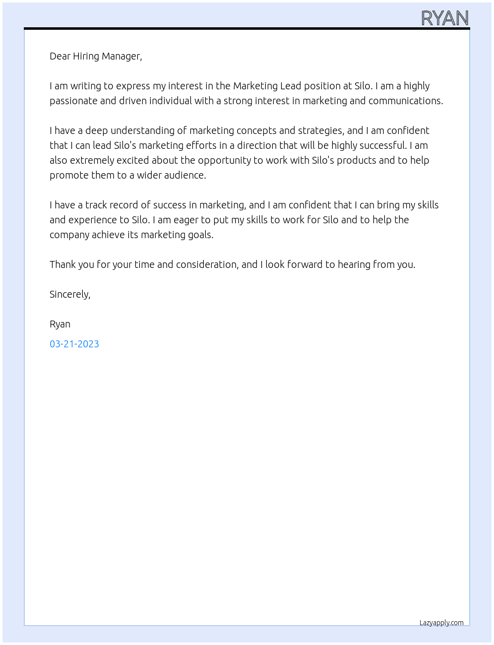 Marketing Lead At Silo Cover Letter