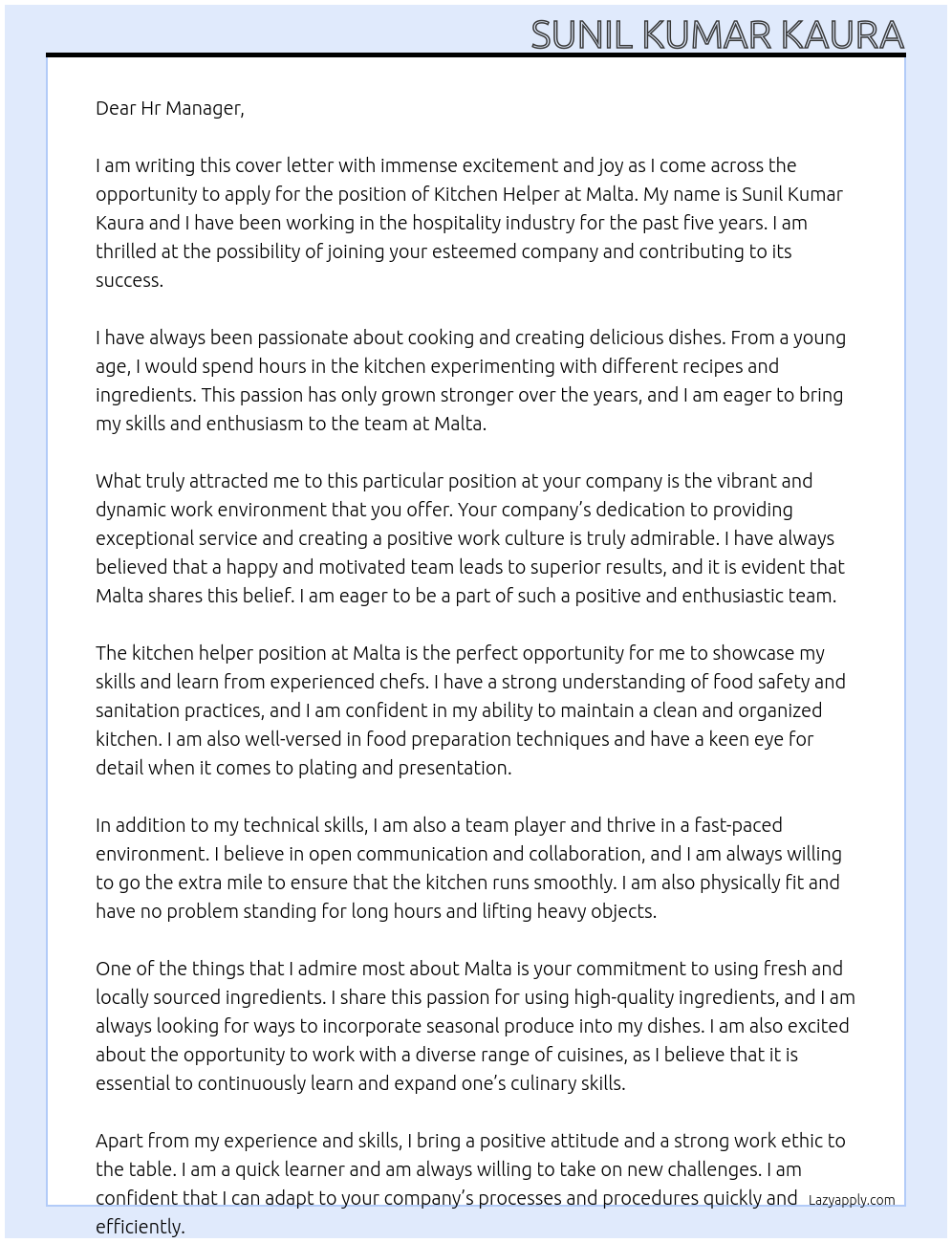 Kitchen helper At Malta Cover Letter