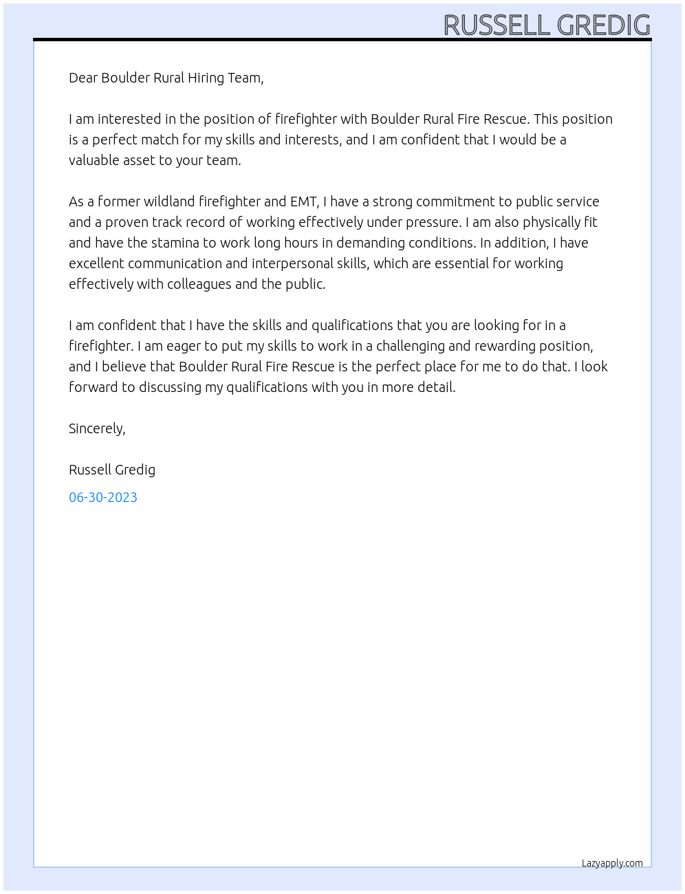 Firefighter At Boulder Rural Fire Rescue Cover Letter