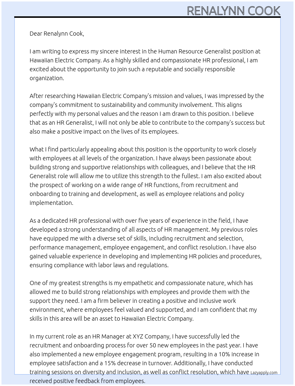 Human Resource  - Generalist At Hawaiian Electric Company Cover Letter