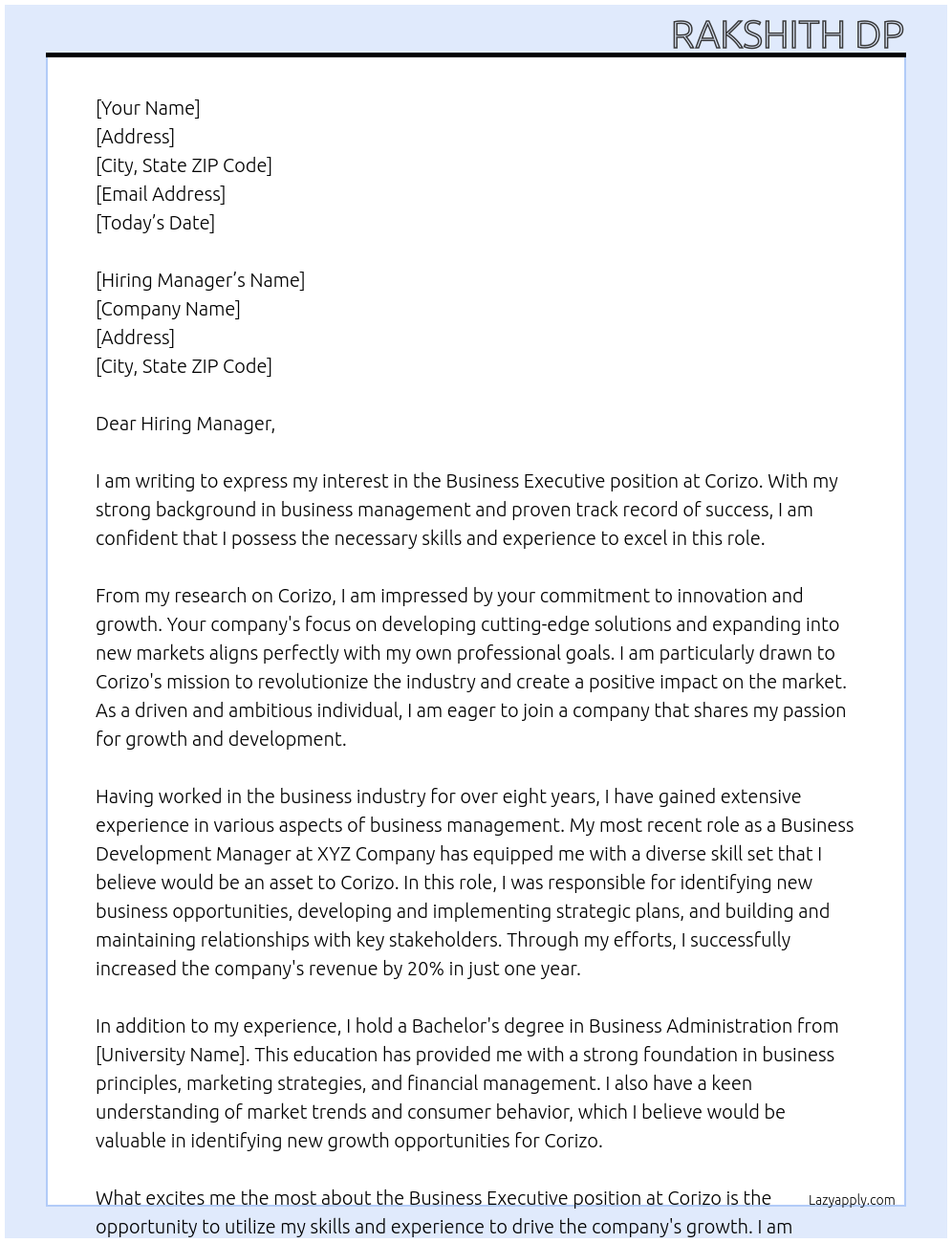 Business executive  At Corizo Cover Letter