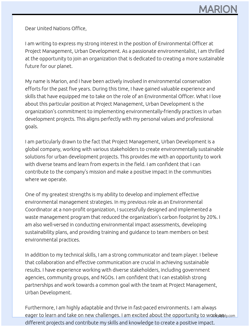 ENVIRONMENTAL OFFICER At Project Management, Urban Development Cover Letter