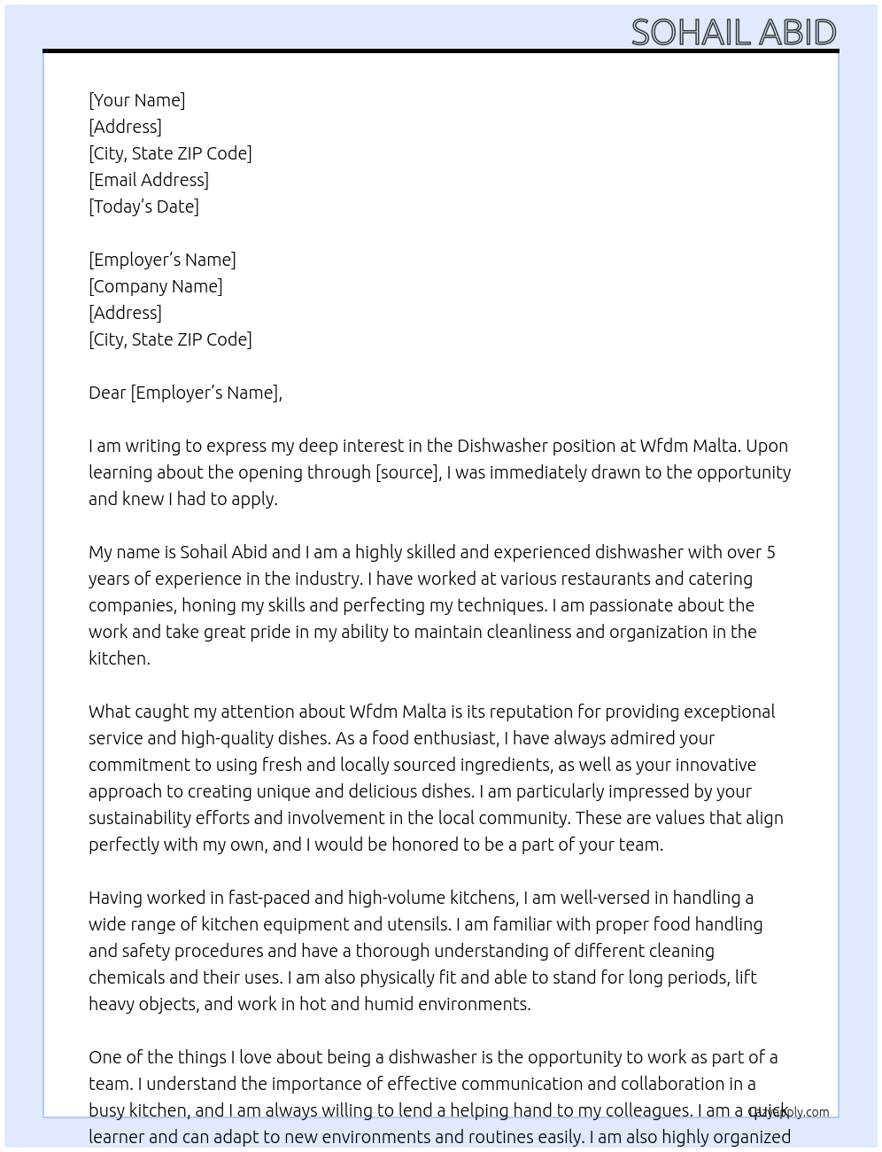 Dishwasher At Wfdm malta Cover Letter