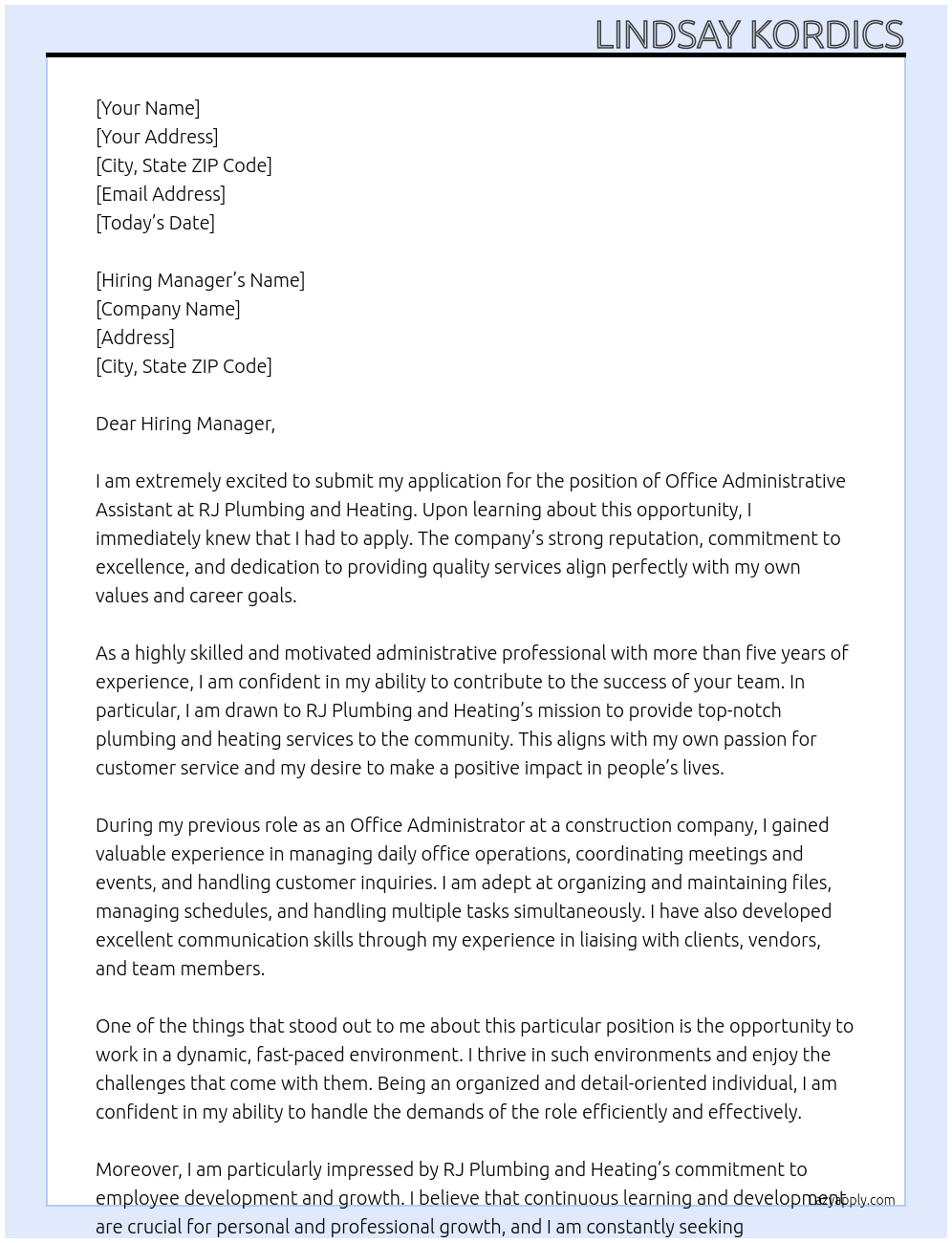 office administrative assistant At rj plumbing and heating Cover Letter