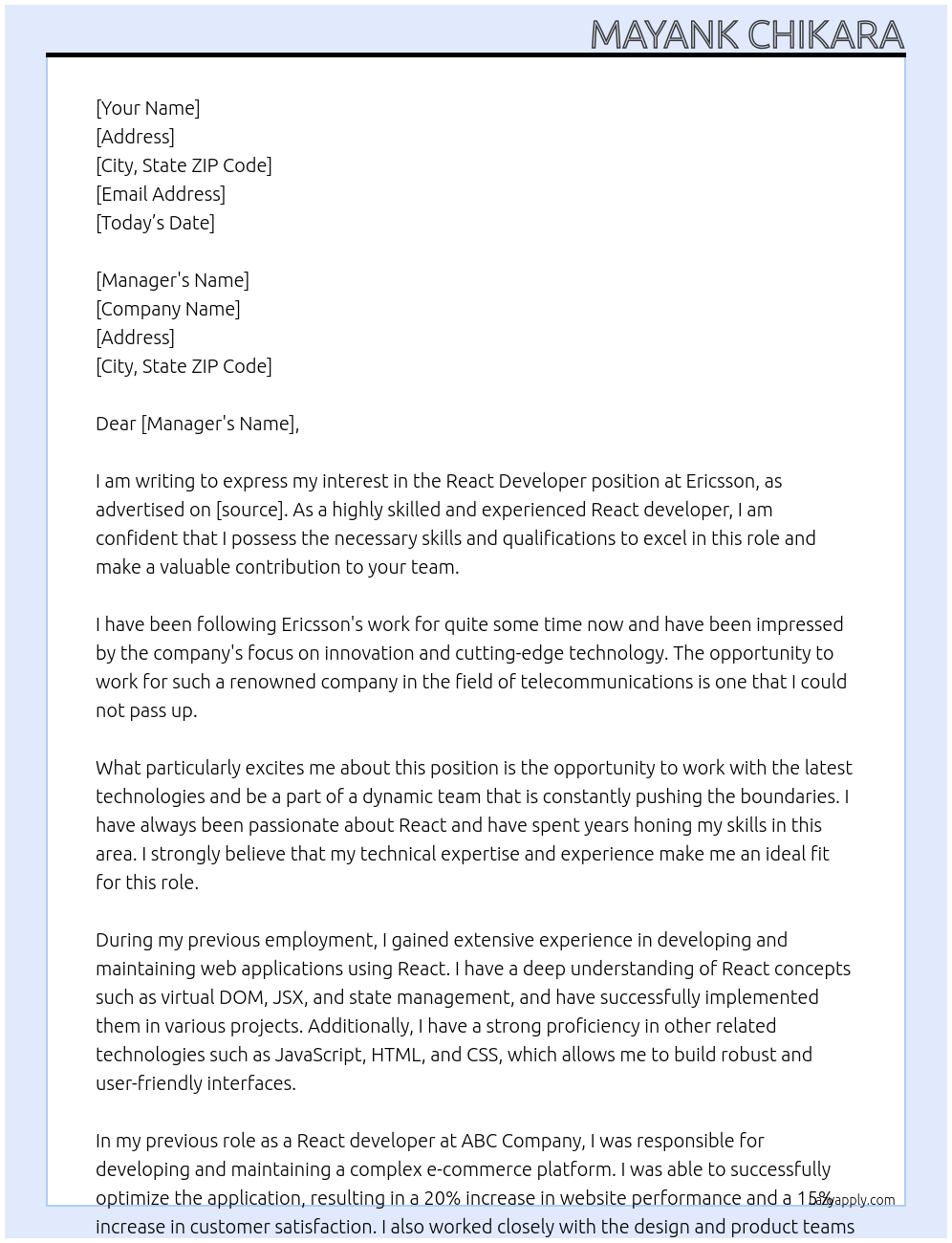 React developer At Ericsson Cover Letter