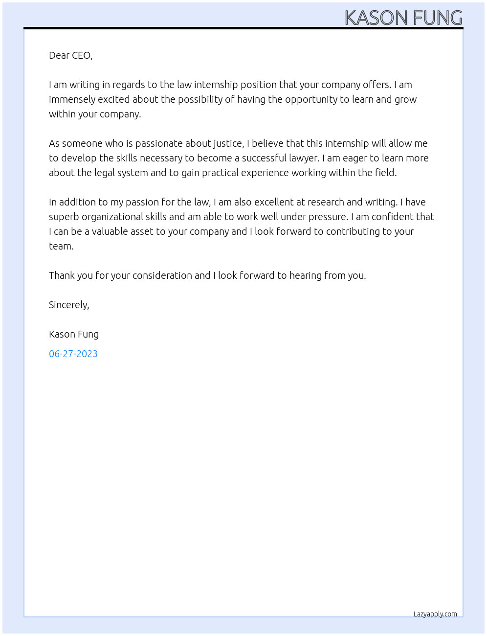 Law Intern At Law internship Cover Letter