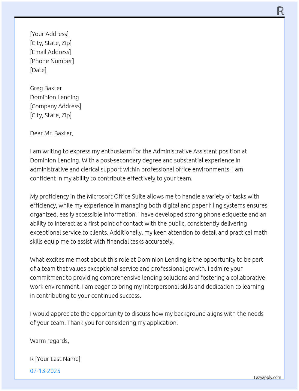 Administrative Assistant At Dominion Lending Cover Letter