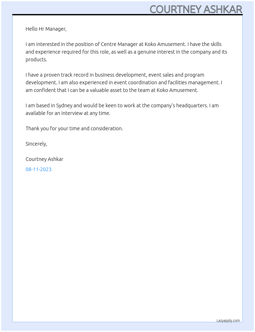 Centre Manager At Koko Amusement  Cover Letter