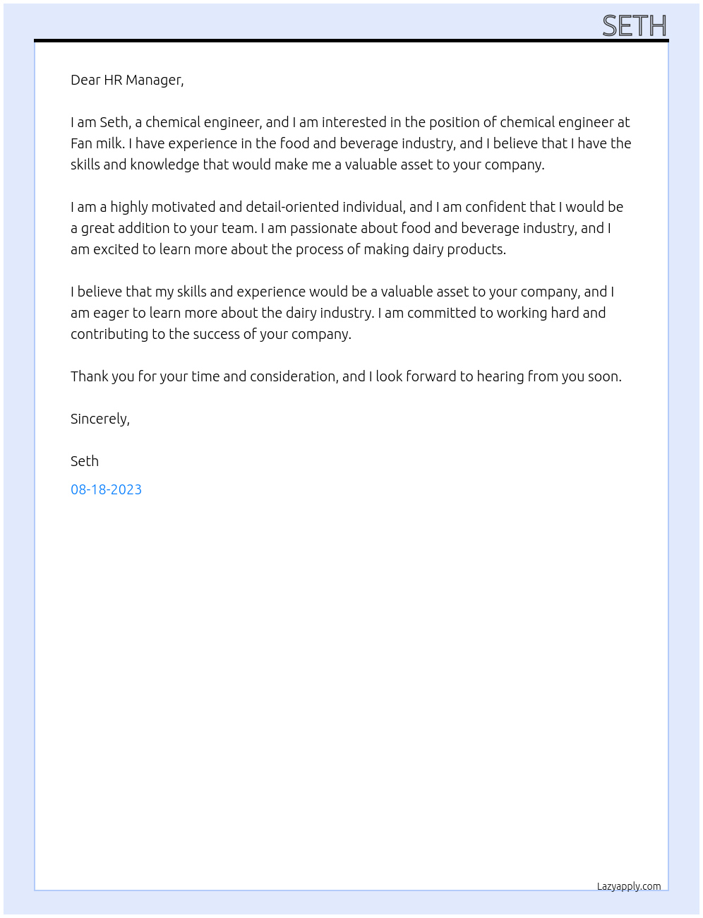 Chemical engineer At Fan milk  Cover Letter