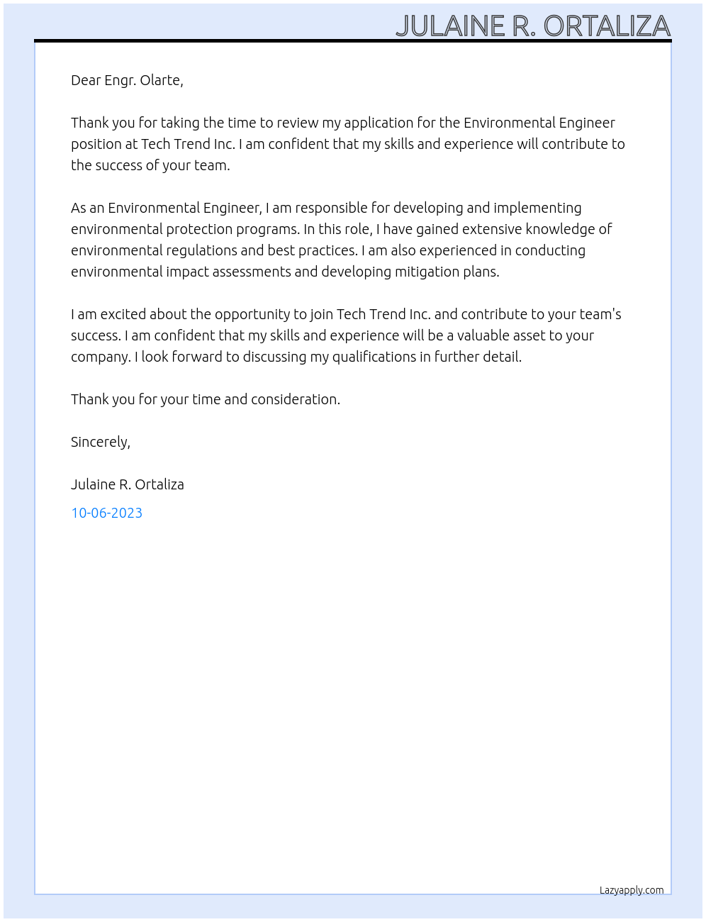 Environmental Engineer At Tech Trend Inc. Cover Letter