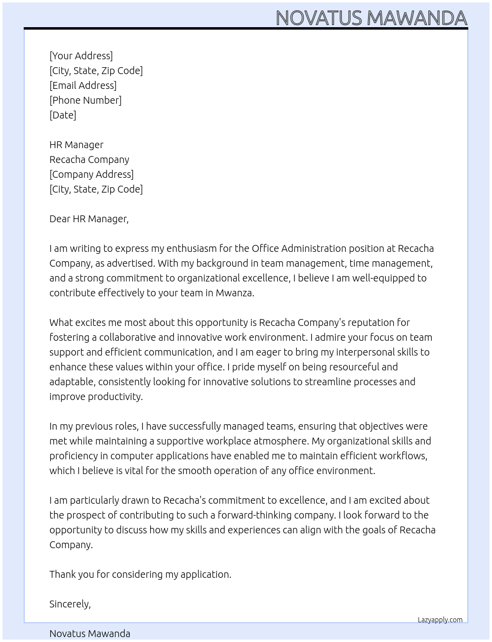 OFFICE ADMINISTRATION At RECACHA COMPANY Cover Letter