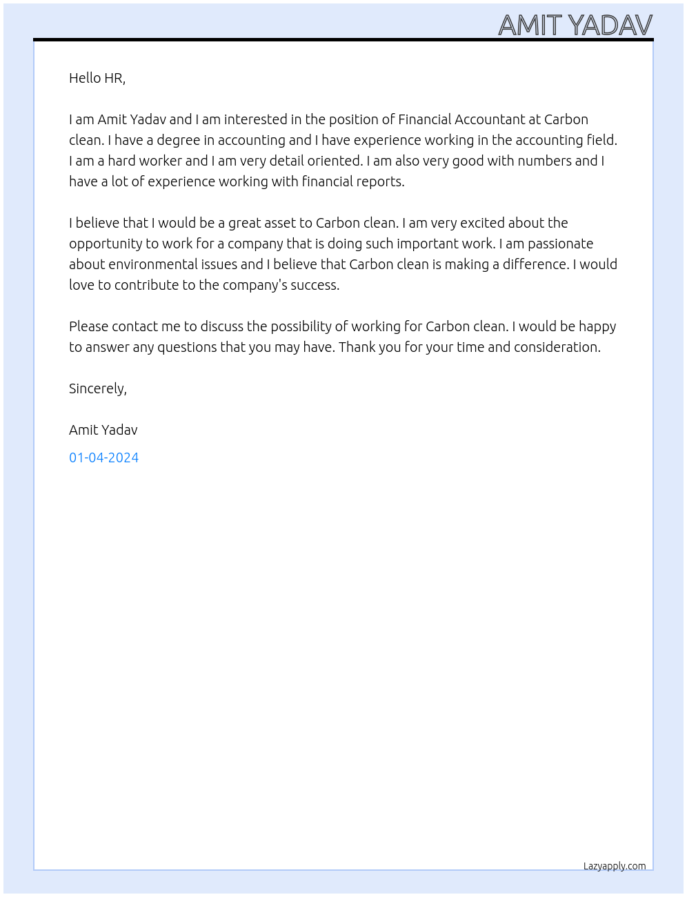 Financial Accountant At Carbon clean Cover Letter