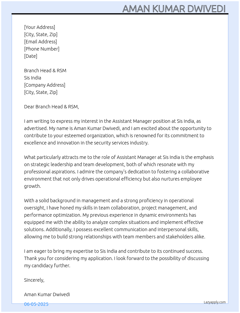 Assistant manager At Sis India Cover Letter