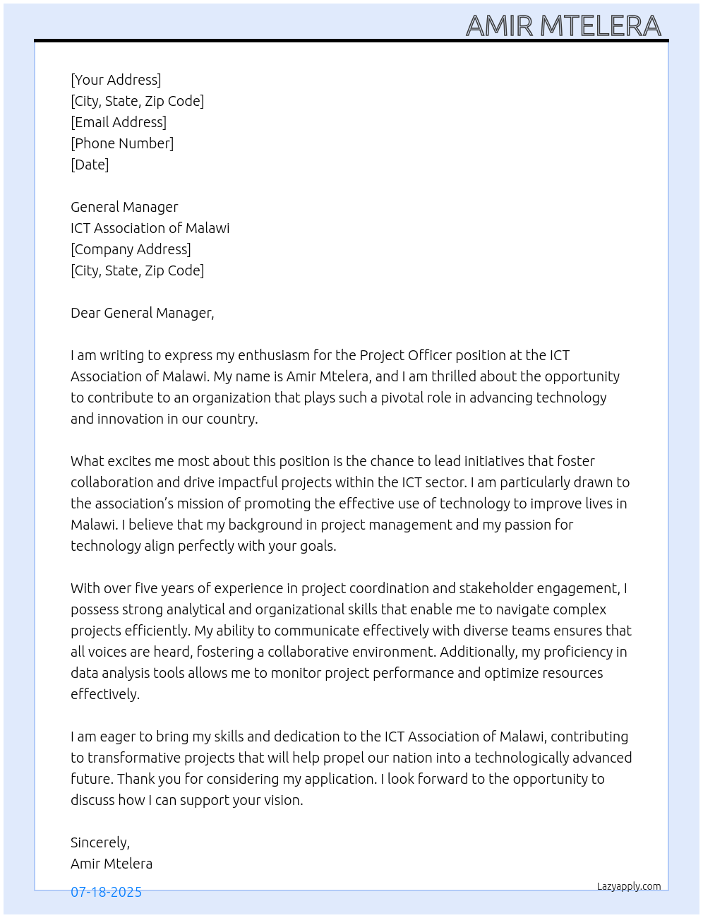 Project officer At Ict association of Malawi Cover Letter