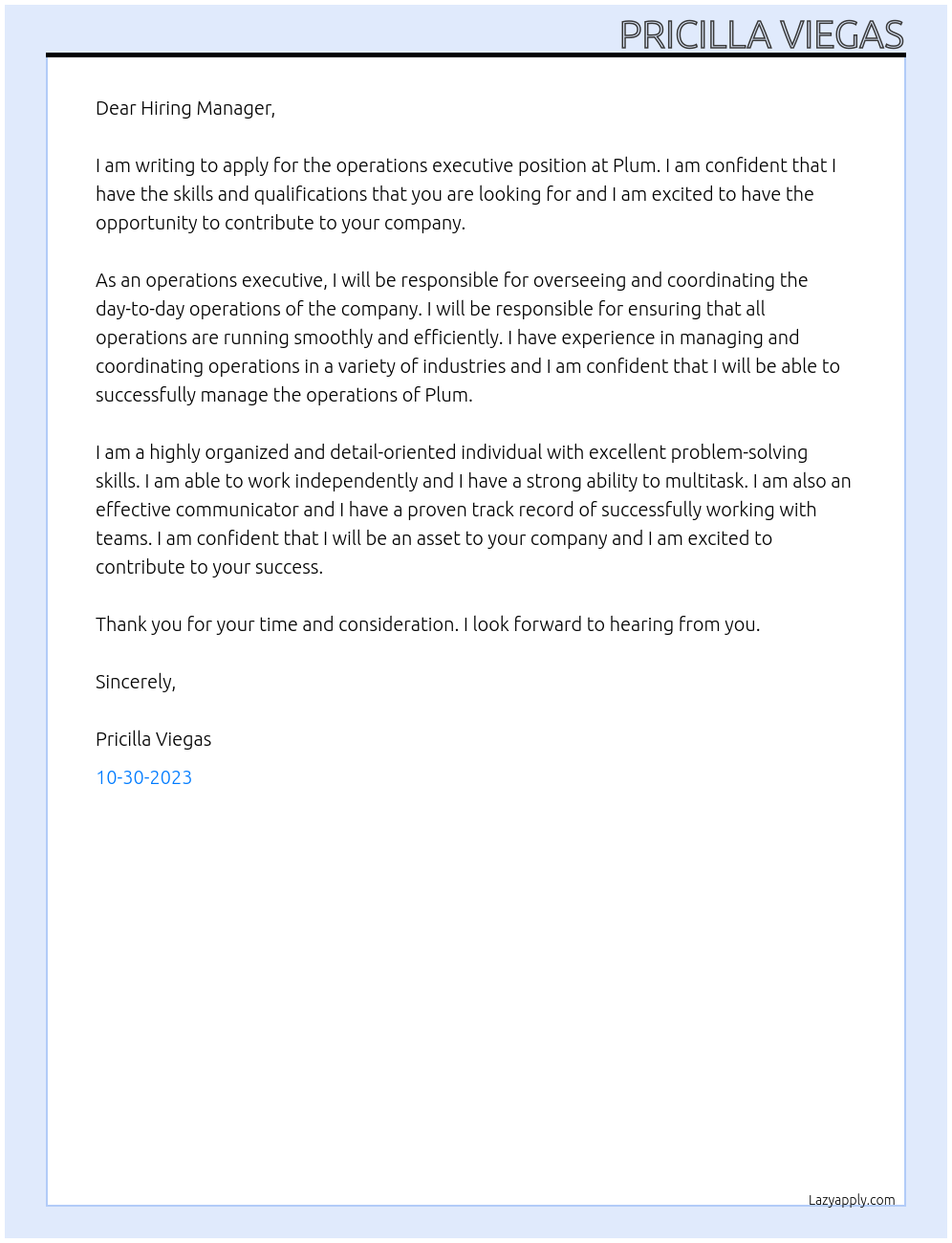 operations executive At Plum Cover Letter