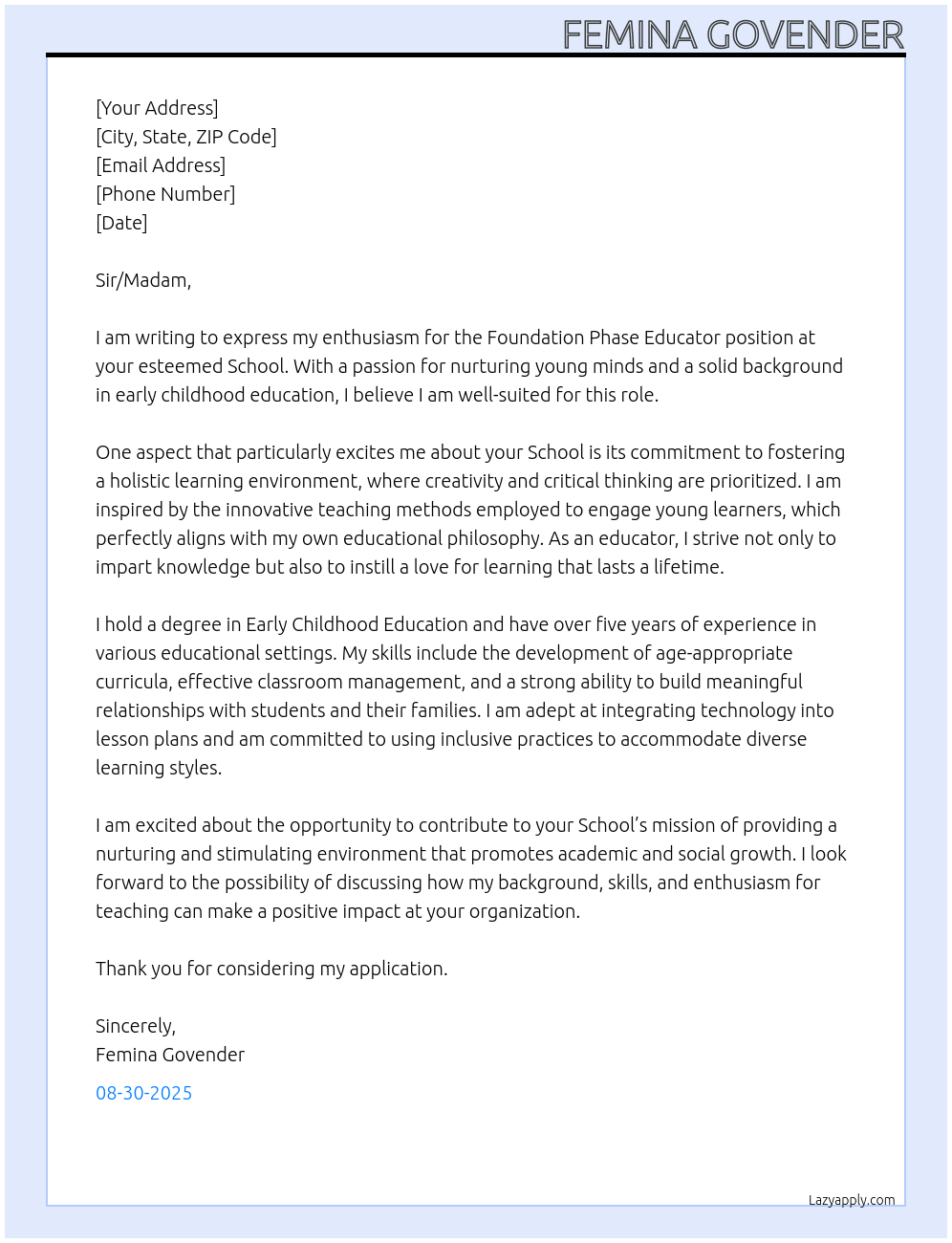 Foundation Phase Educator At School Cover Letter