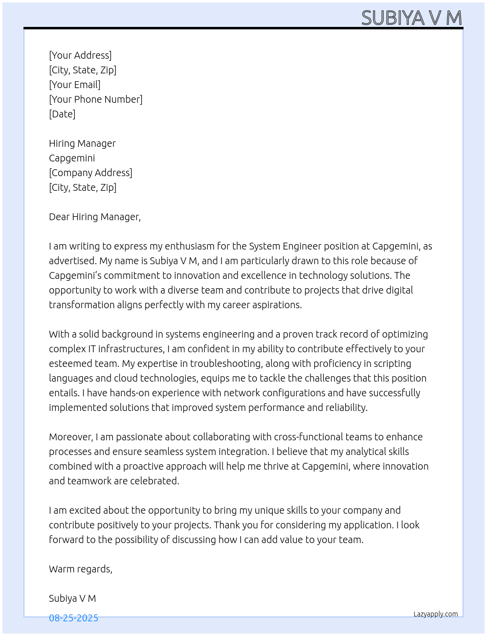 System engineer At Capgemini Cover Letter