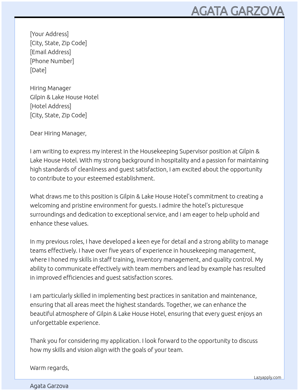 Housekeeping supervisor At Gilpin & lake house hotel Cover Letter