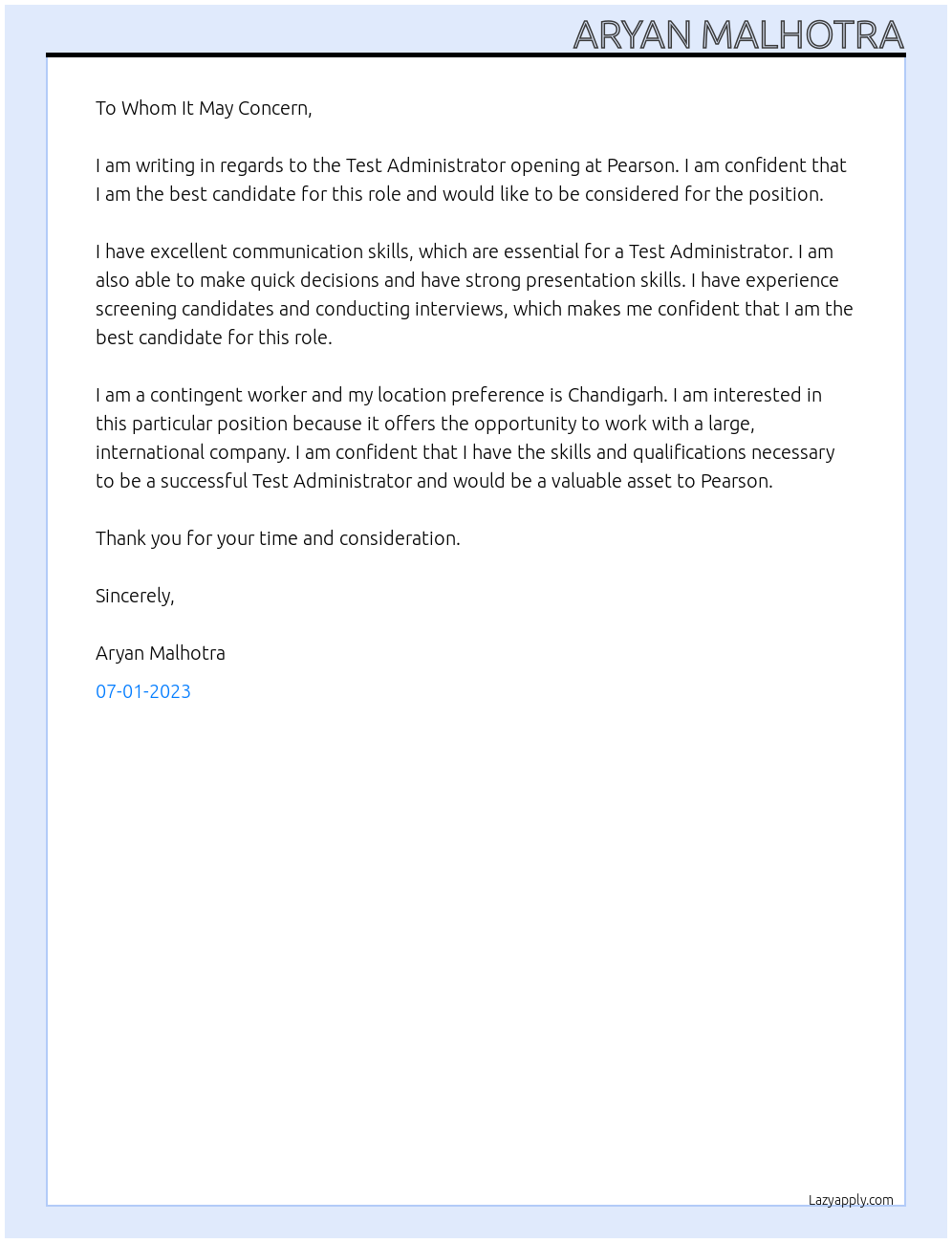 test administrator  At pearson  Cover Letter