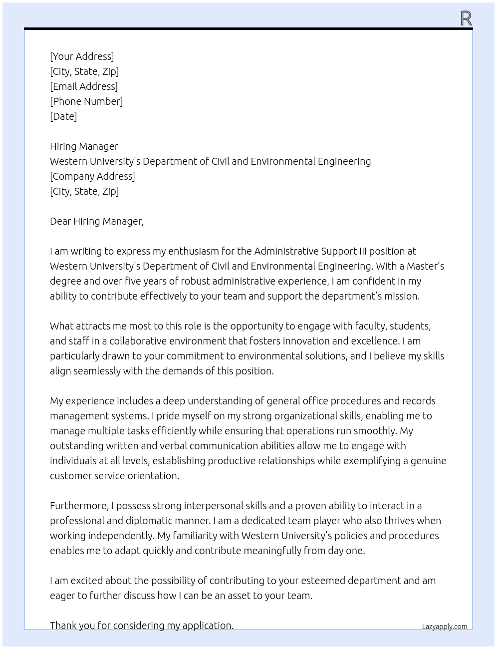 Administrative Support III At Western University's Department of Civil and Environmental Engineering Cover Letter