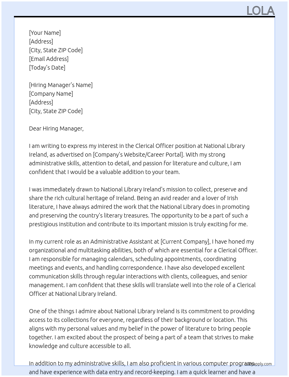 Clerical Officer At National Library Ireland Cover Letter