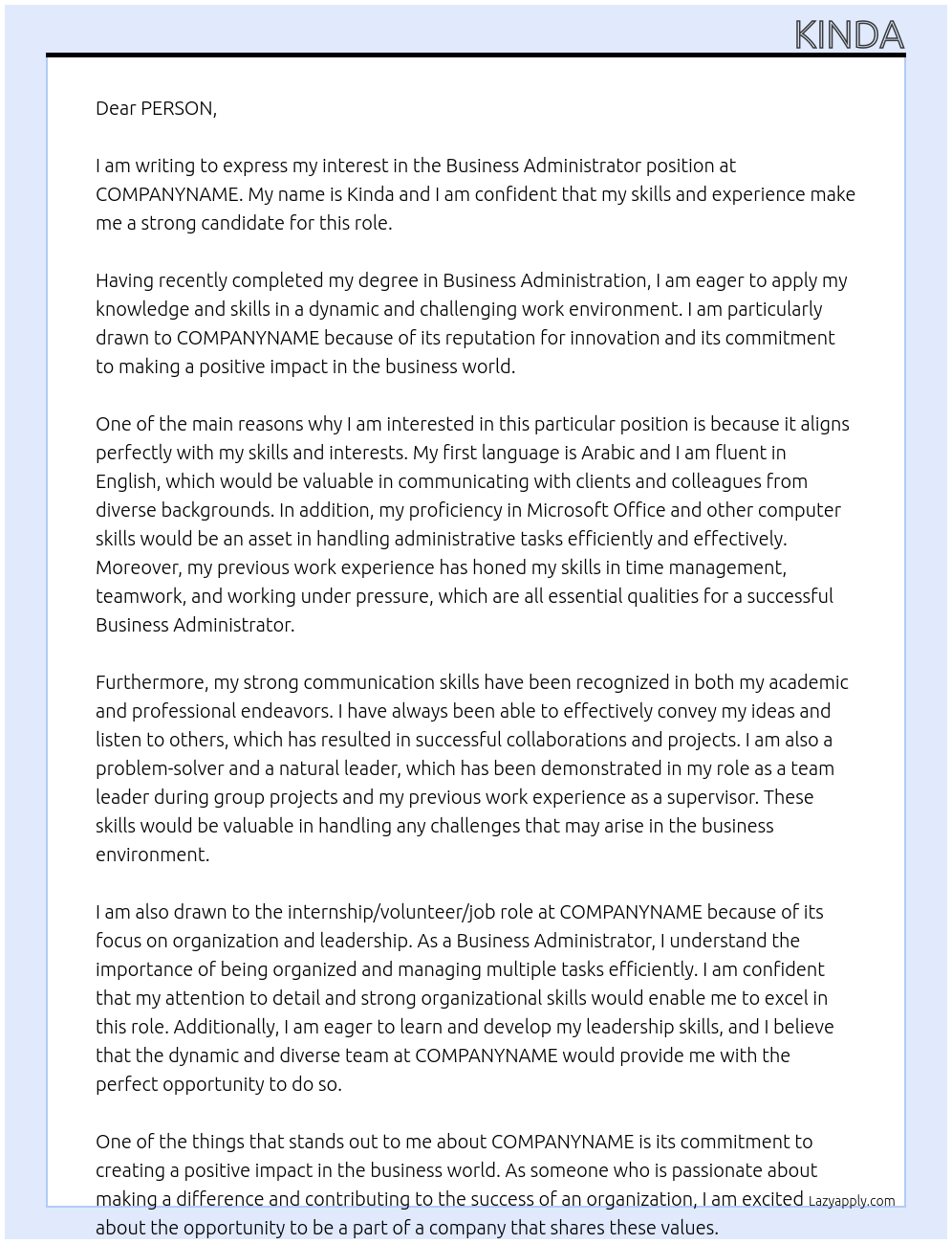 business administrator At COMPANYNAME Cover Letter