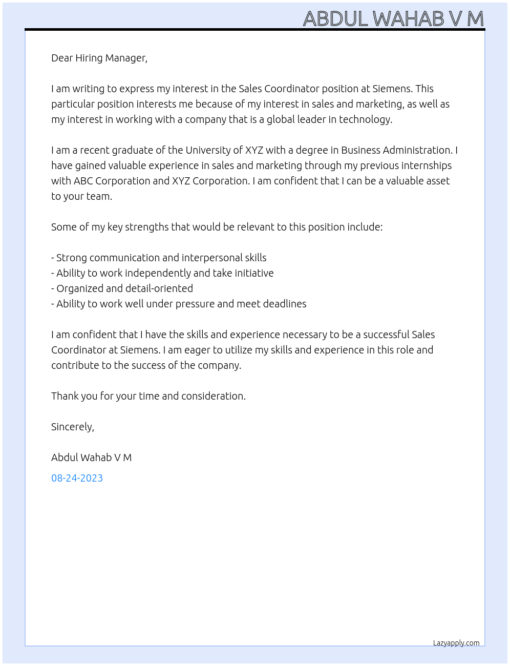 sales coordinator  At Siemens  Cover Letter