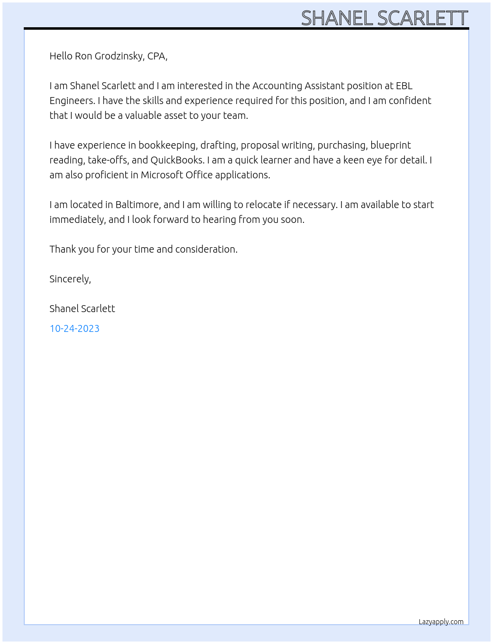 Accounting Assistant At EBL Engineers Cover Letter