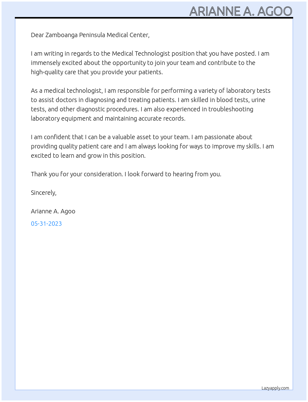 Medical Technologist At Zamboanga Peninsula Medical Center Cover Letter