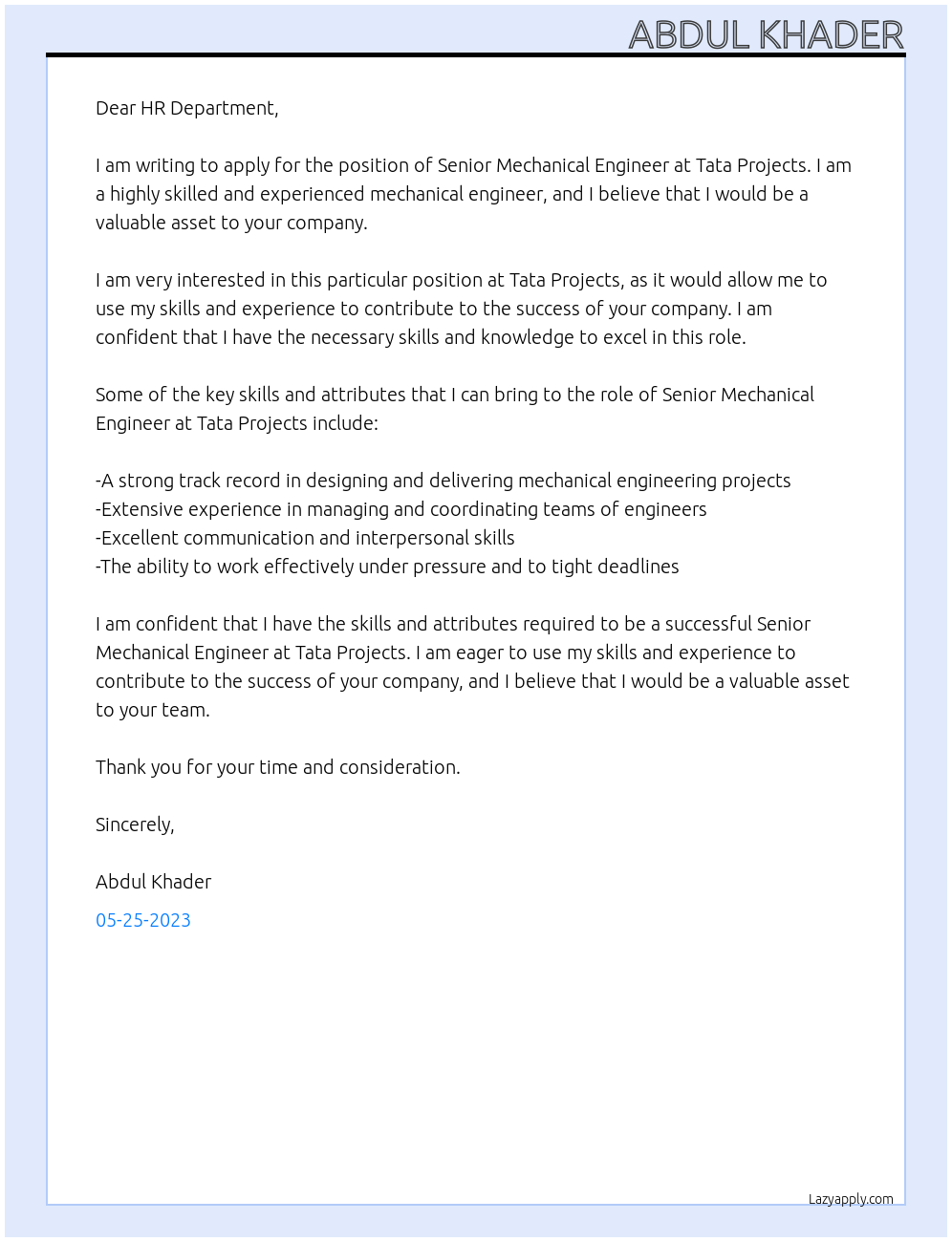 SENIOR MECHANICAL ENGINEER At TATA PROJECTS Cover Letter