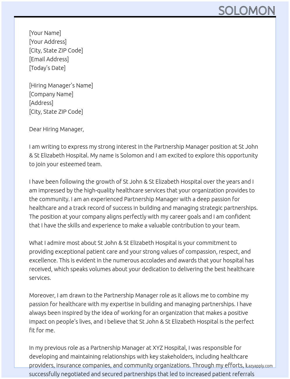 Partnership Manager At St John & St Elizabeth Hospital Cover Letter