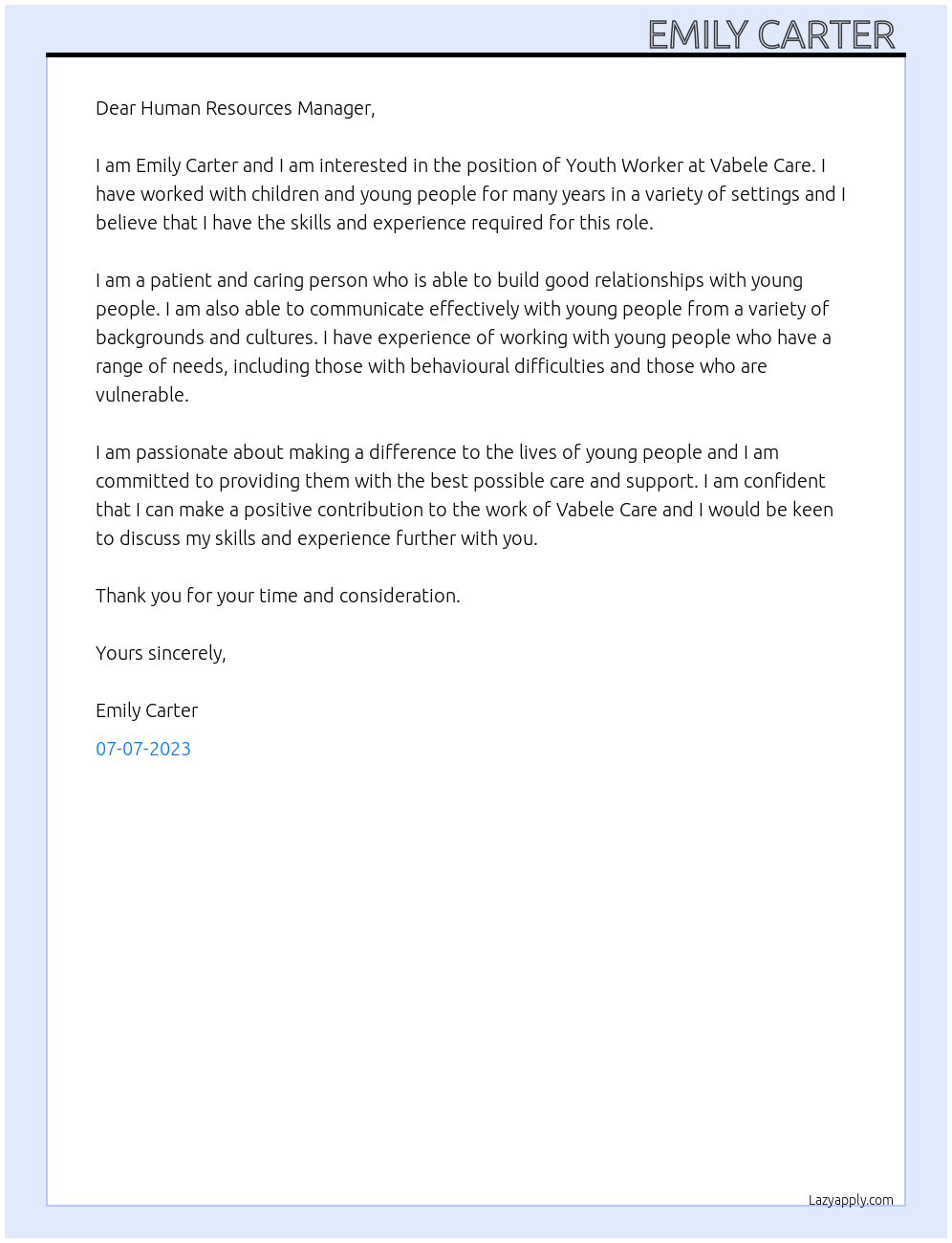 Youth Worker At Vabele Care Cover Letter